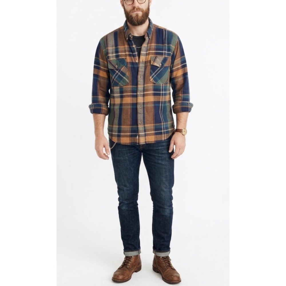 Great Lakes Recreation Mens Plaid Flannel Shirt Blue Orange Size Medium Hipster